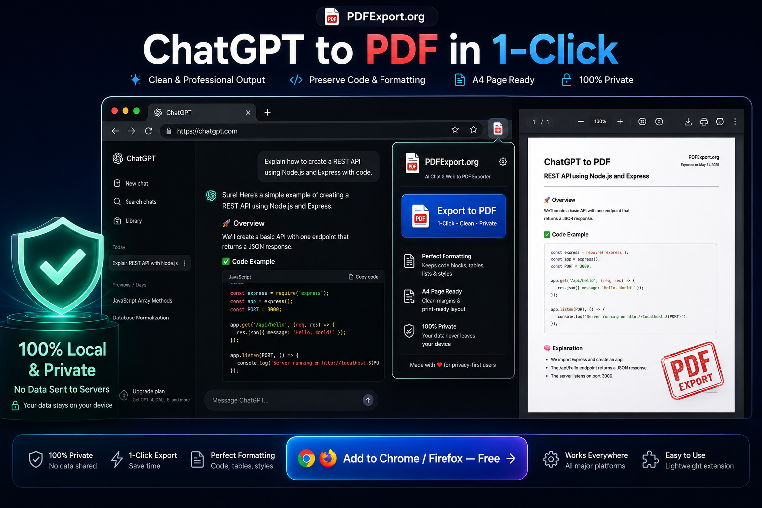 User interface demonstration of exporting multiple ChatGPT chat threads to PDF files