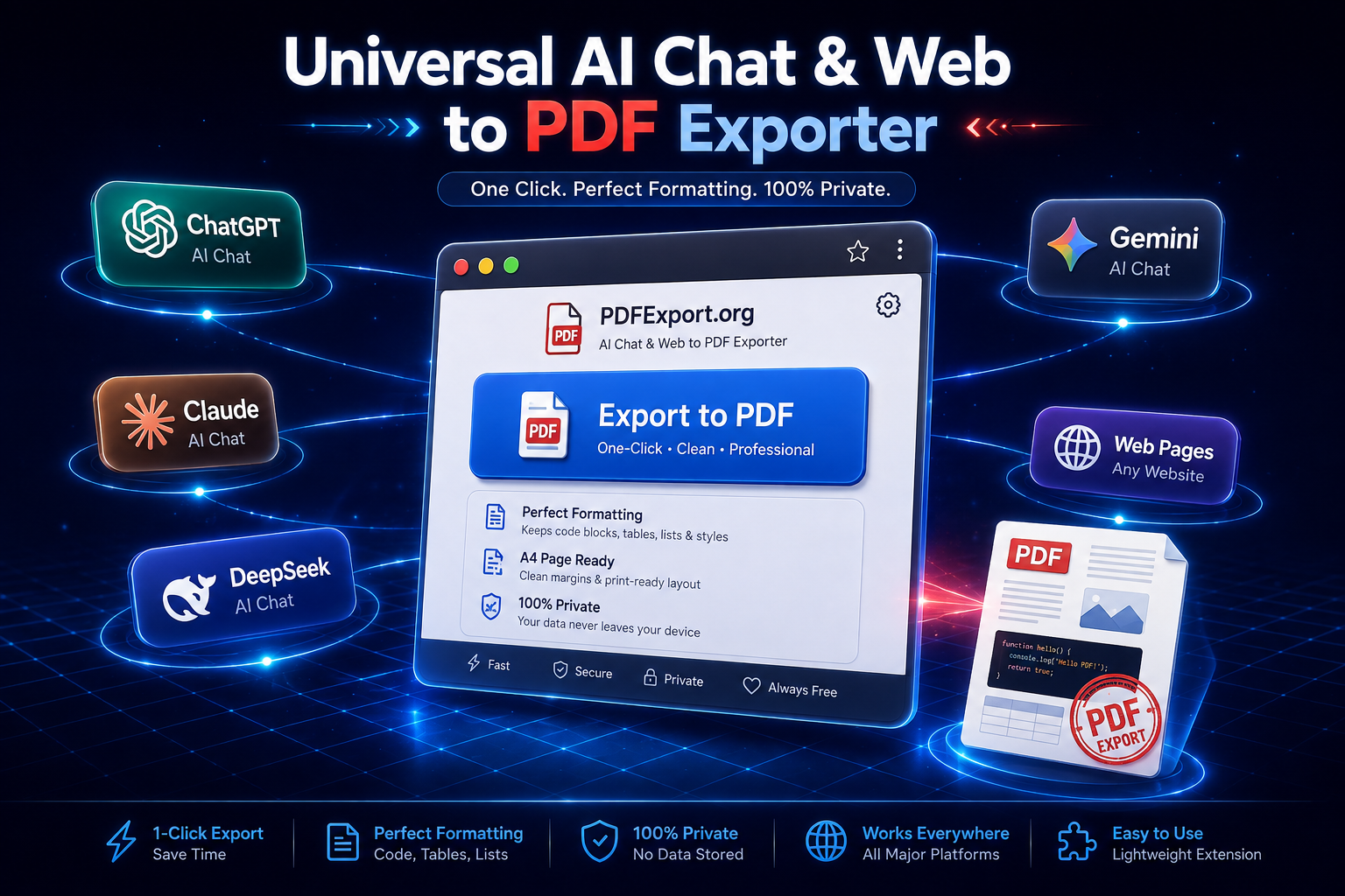 Universal converter interface showing support for ChatGPT, Claude, Gemini, and general web pages